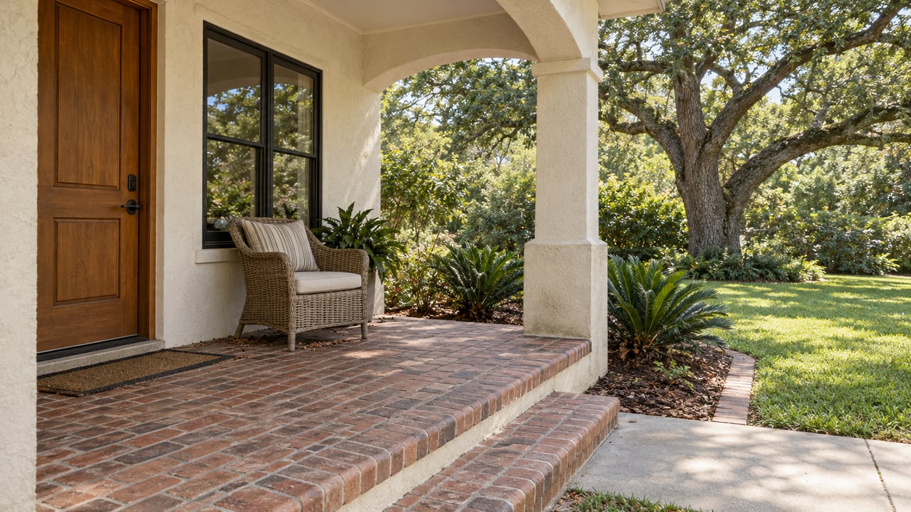 Cream stucco home's covered brick porch with a timber entry door, woven chair and steps leading toward a lawn under a spreading live oak.