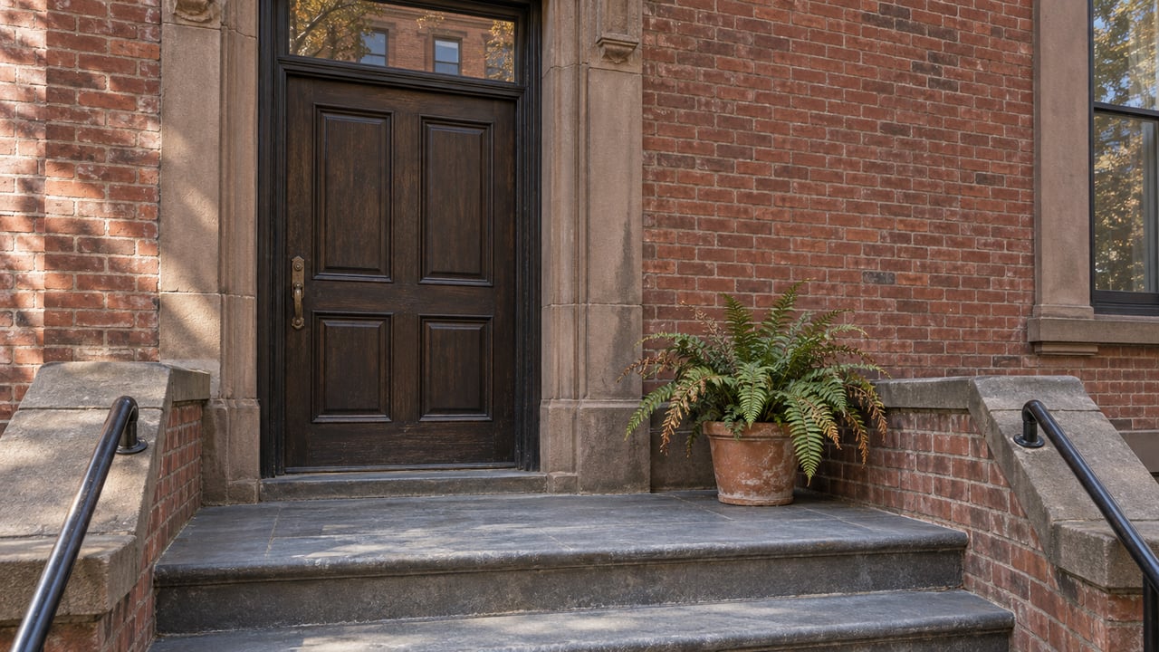 Sunlight catches an aged brick townhouse entrance, dark wood door, worn bluestone steps and a potted fern.