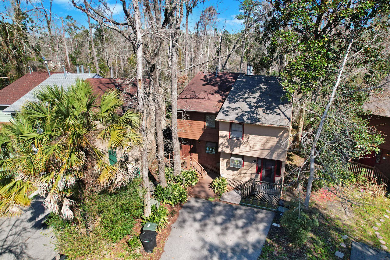 Aerial view of a two-story brown house surrounded by tall trees and lush greenery, with a palm tree in front. A sunny day casts crisp shadows.