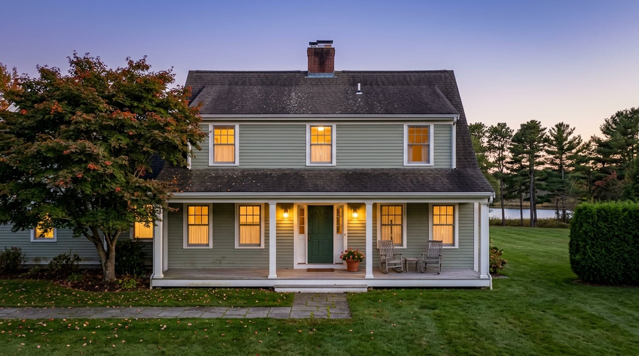 Sage-green two-story home with glowing windows, a covered porch, and red-orange maple leaves at dusk.