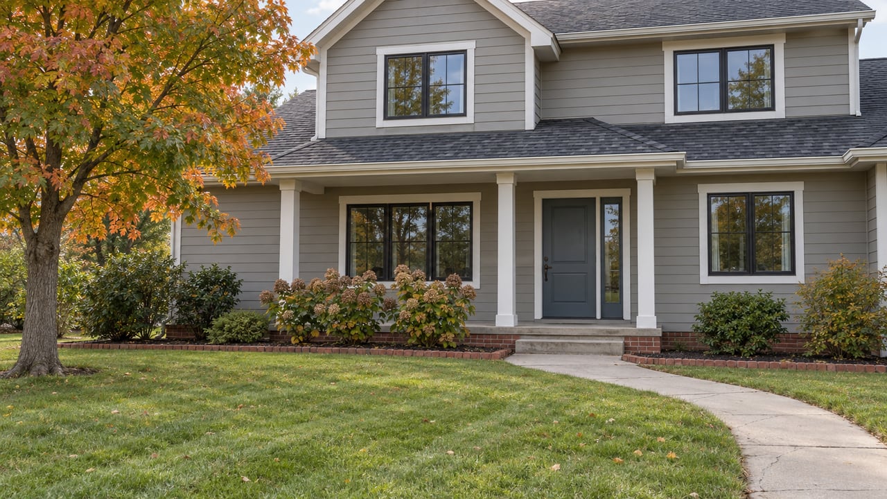 Gray-sided gabled home with a covered porch, slate-blue front door, autumn sugar maple, and a deep green front lawn.