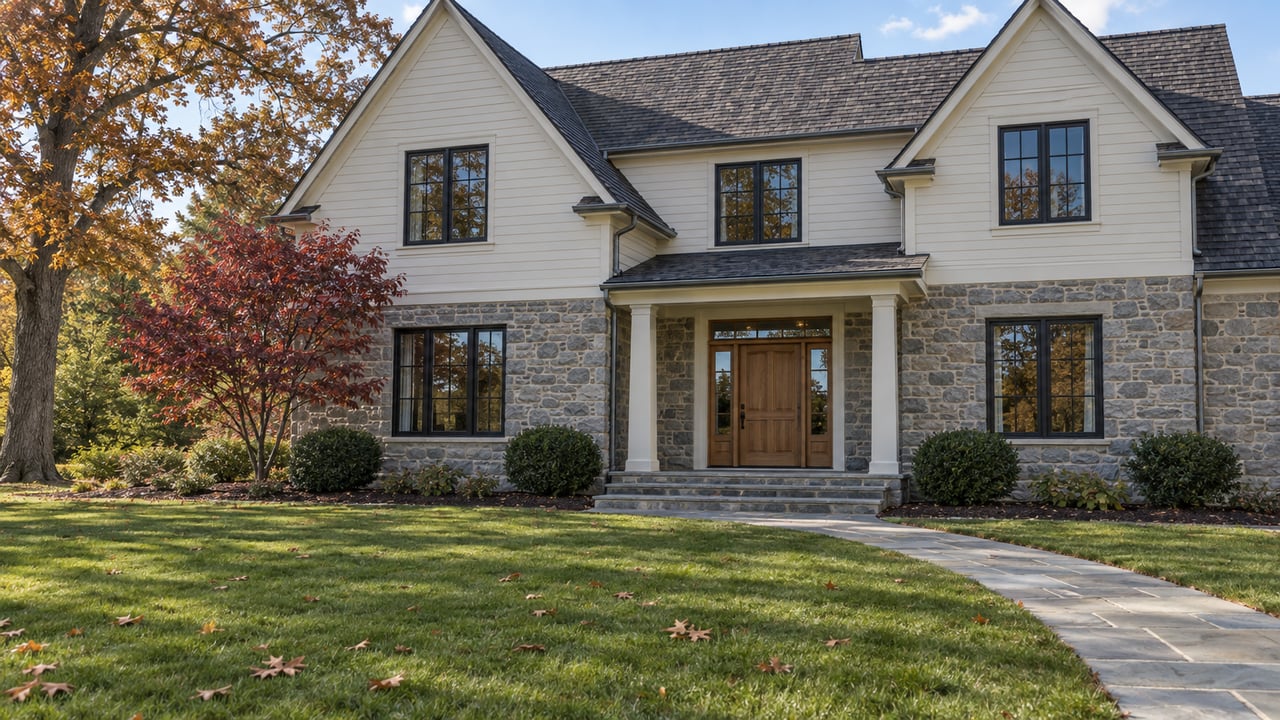 A stone-and-ivory-sided gabled home behind a deep autumn lawn, with a bluestone entry walk and russet oak foliage.