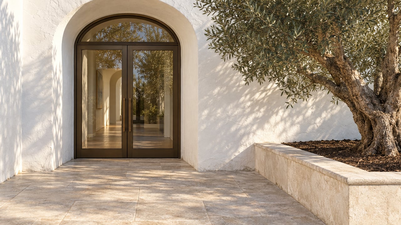 Sunlit white stucco entry with arched bronze-framed glass doors, worn limestone paving and a sculptural olive tree in a raised stone planter.