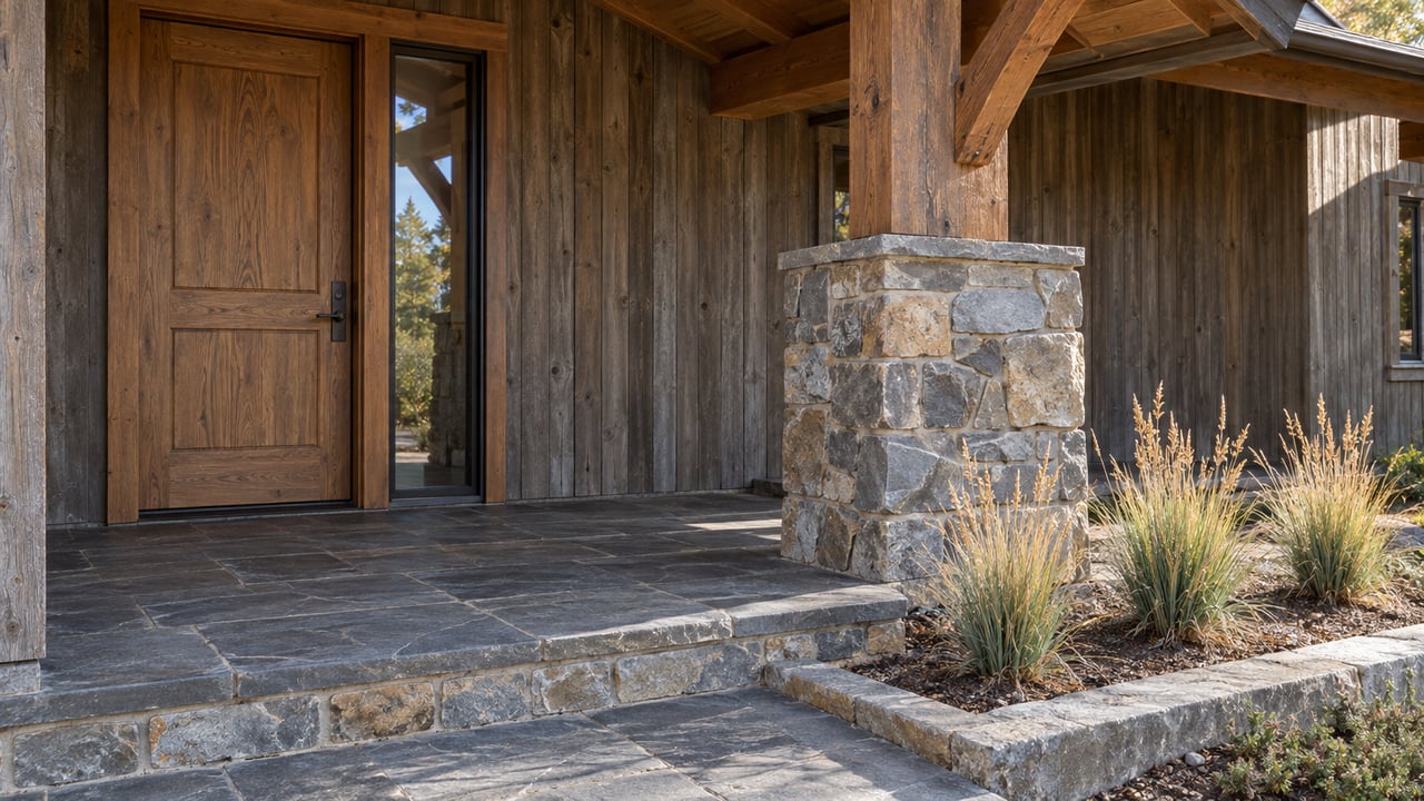Weathered timber entry with a closed oak door, stone pier and broad flagstone step beside three golden bluebunch wheatgrass plants.