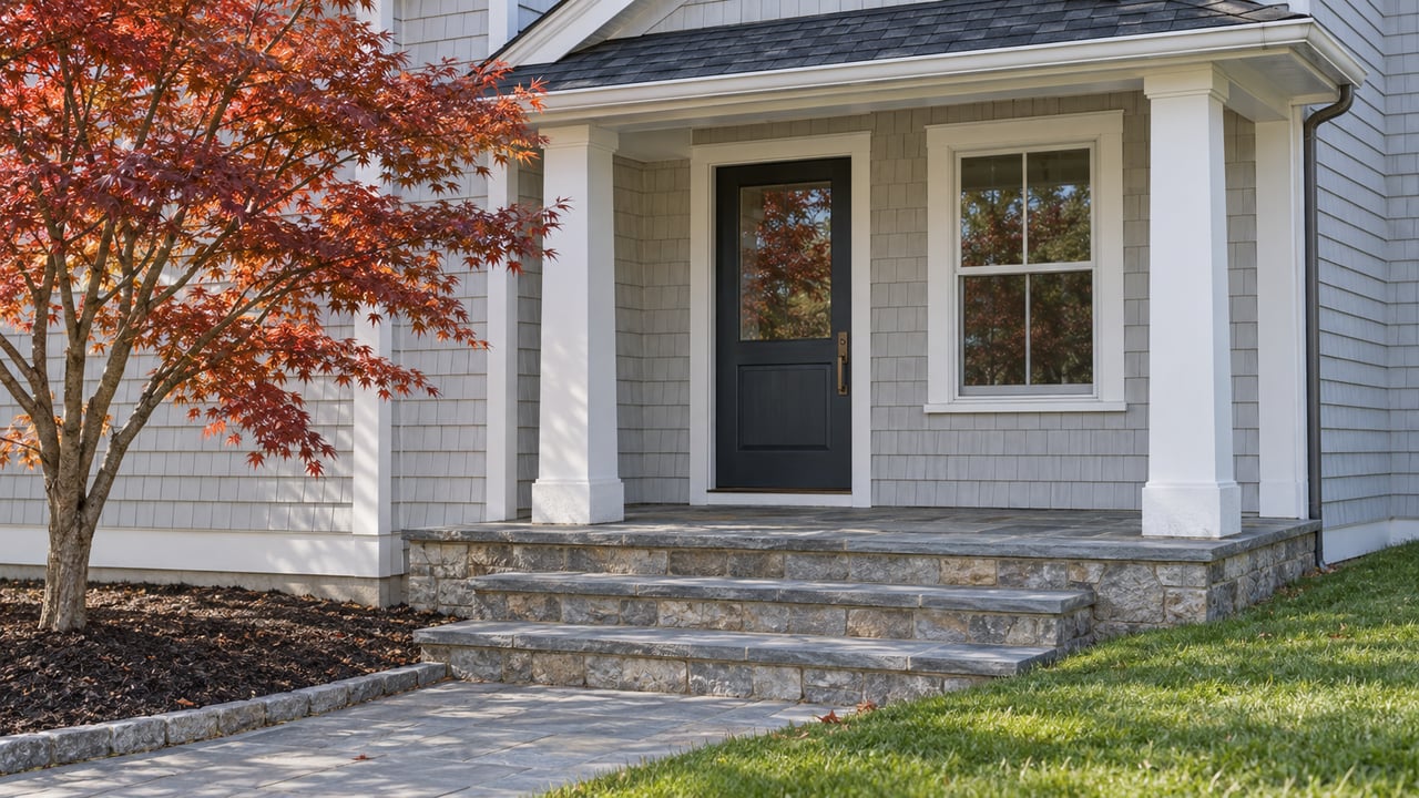Autumn light on a cedar-shingled home's covered entrance, bluestone steps and copper-red Japanese maple.