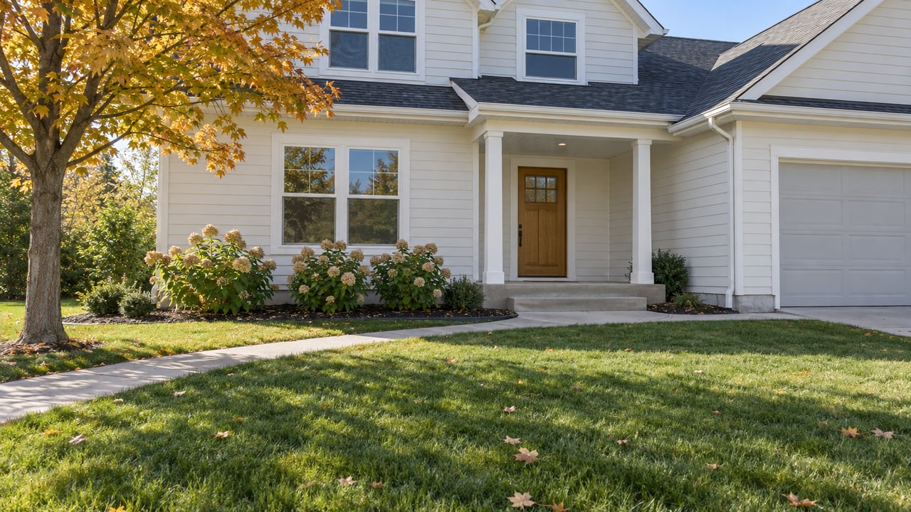 Light-sided two-story home with gabled roofs, a recessed front porch, broad lawn and an amber-leaved maple.