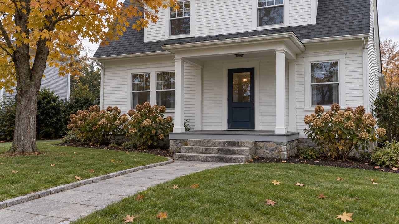 White clapboard home with a blue door, granite steps and autumn planting beyond a deep front lawn.