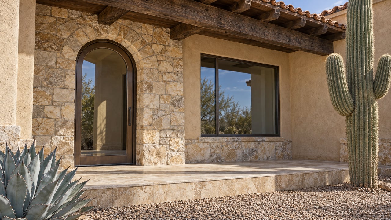 Arched glass entrance beneath timber beams, with textured stucco, buff stone and a raised limestone porch beside a saguaro and agave.