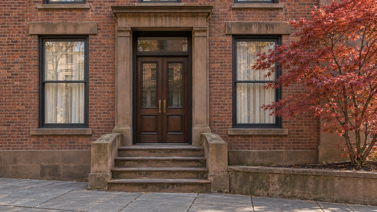 Weathered brick townhouse entrance with walnut double doors, brownstone steps and copper-red maple leaves.