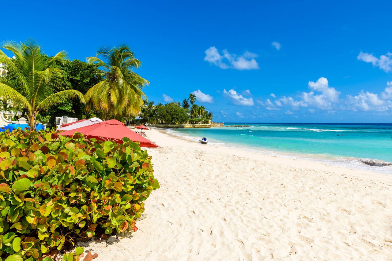 Tropical beach with white sand, turquoise water, palm trees, and red umbrellas.