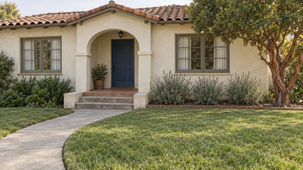 Cream stucco bungalow with a clay tile roof, sheltered blue front door, concrete walk and a small planted front yard.