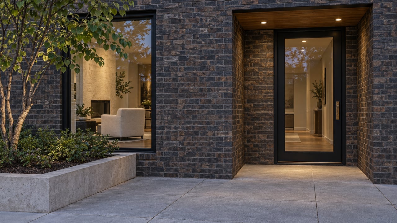 Warmly lit glazed entrance and tall window in a charcoal-brick residence, with a concrete forecourt and a redbud in a raised limestone bed at dusk.