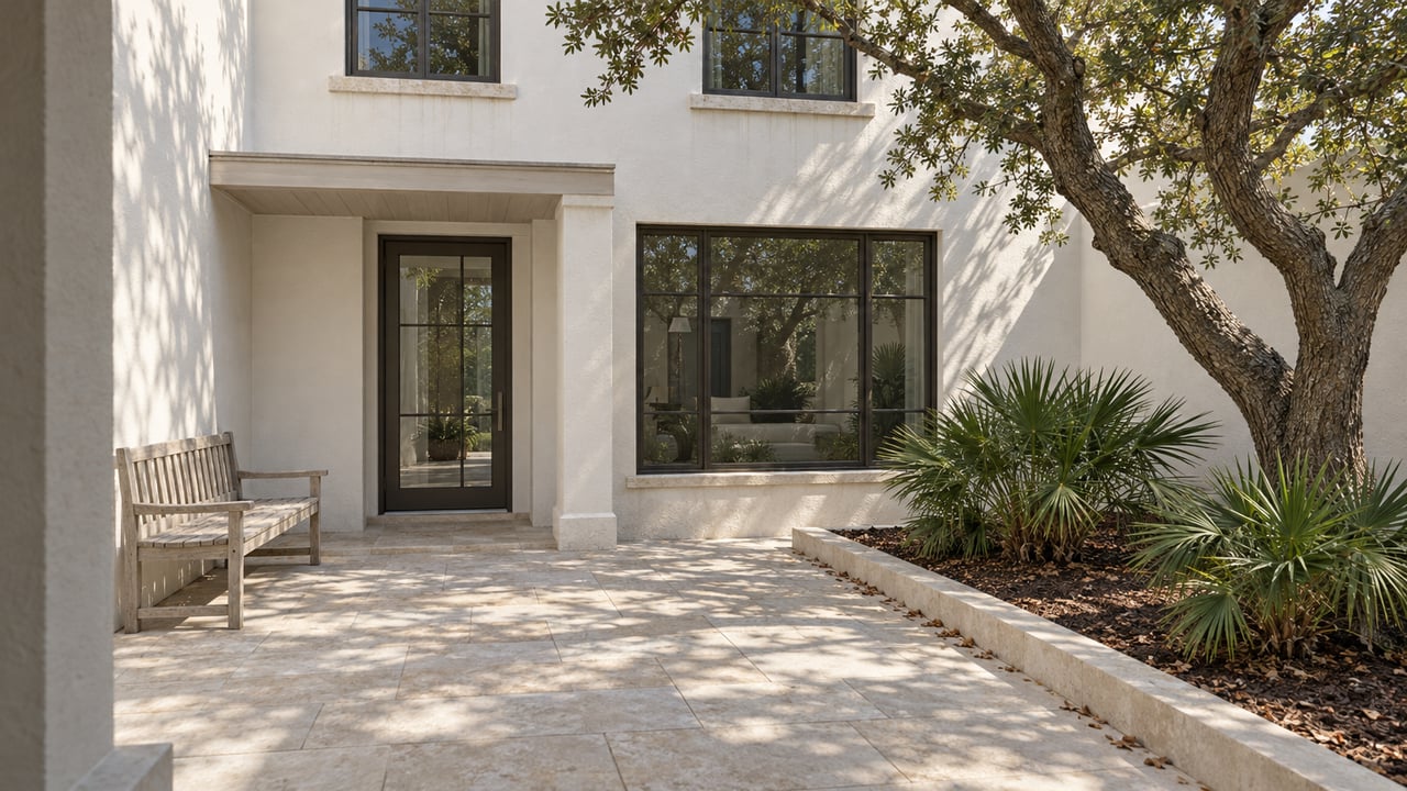Sunlit white stucco courtyard with bronze-framed windows, limestone paving, a silvered teak bench and sculptural native oak.