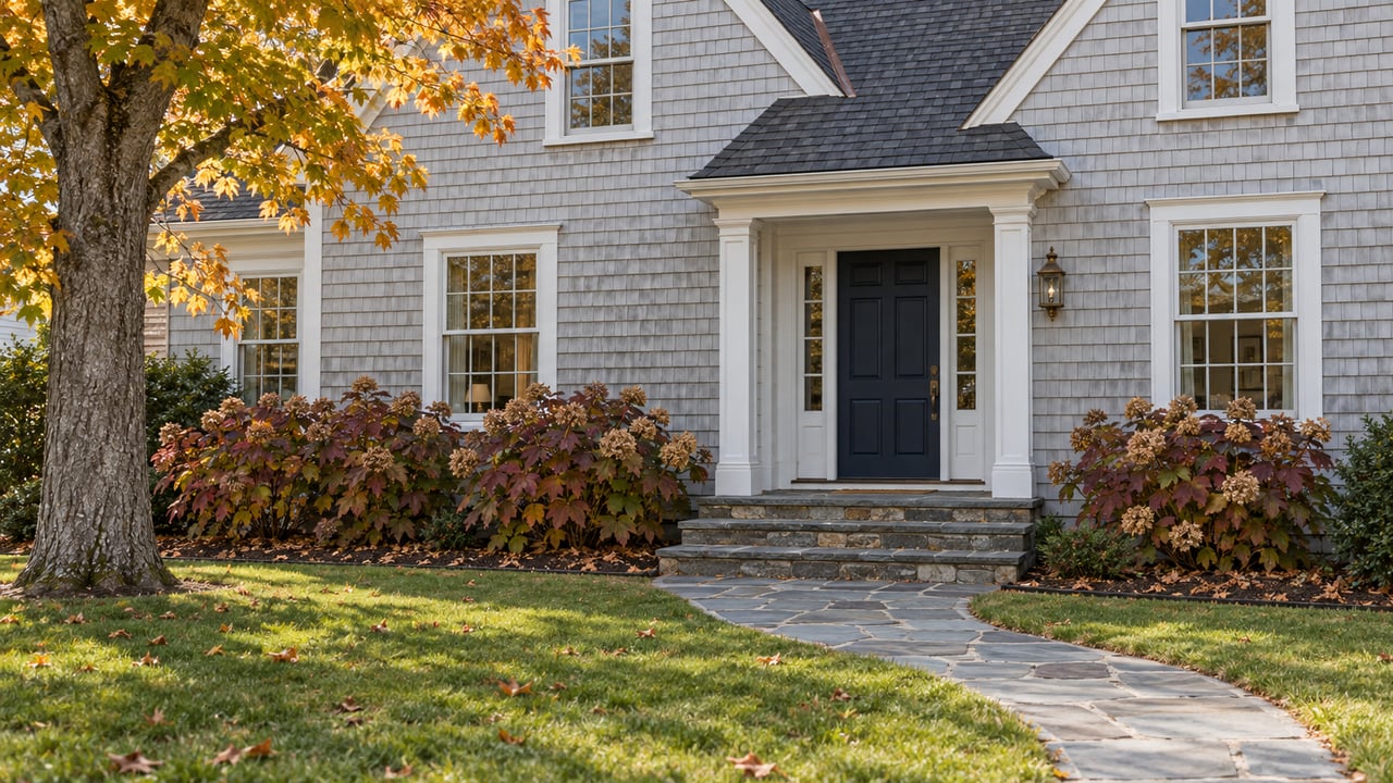 Gray-shingled traditional home with a navy entrance, bluestone steps, amber maple leaves and burgundy oakleaf hydrangeas in late-autumn daylight.