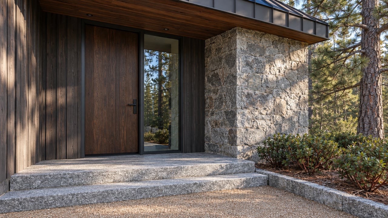 Low afternoon light falls across granite entry steps, weathered dark cedar and a glazed sidelight beside a forest-edge home.