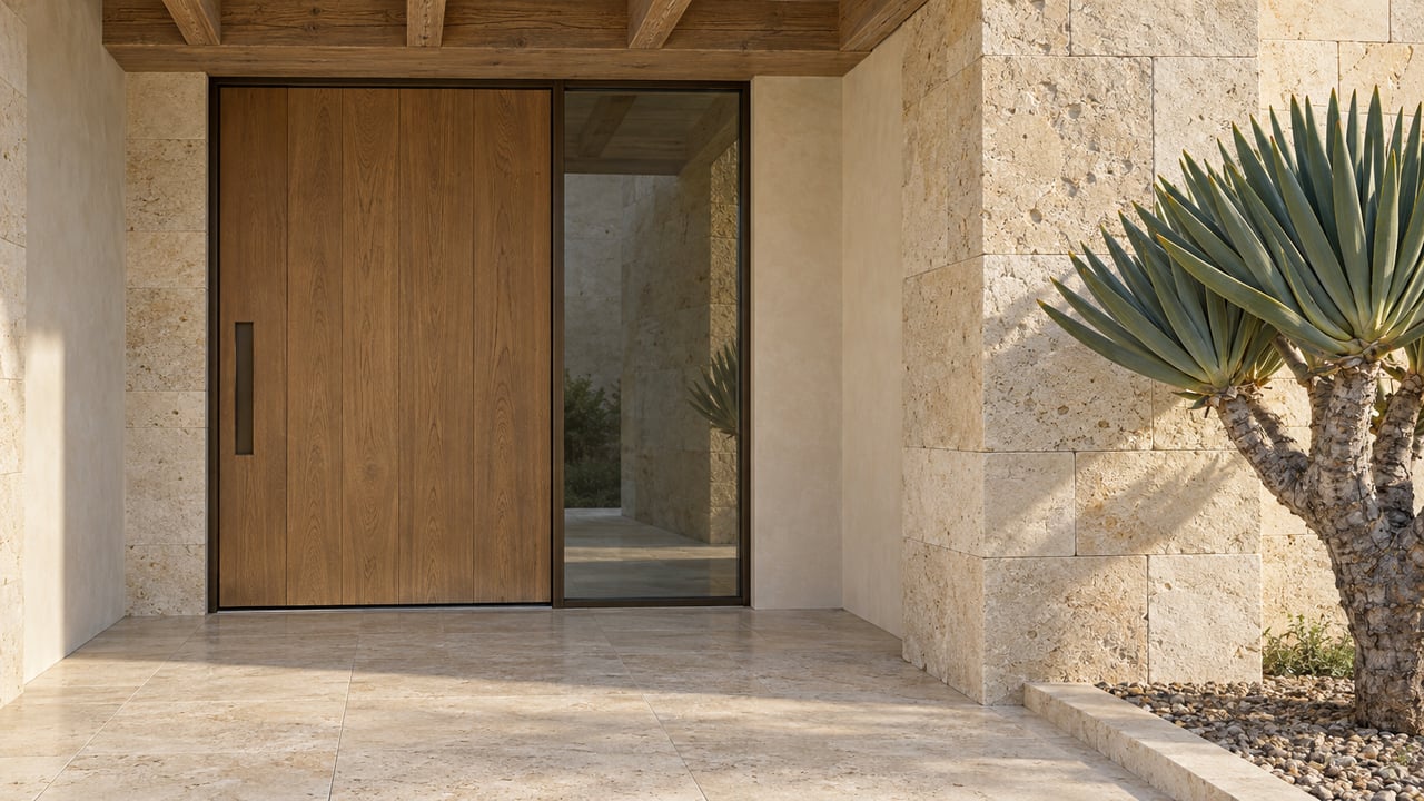 Sunlit limestone entry landing beside a warm oak door, bronze-framed glass and a sculptural fan aloe.