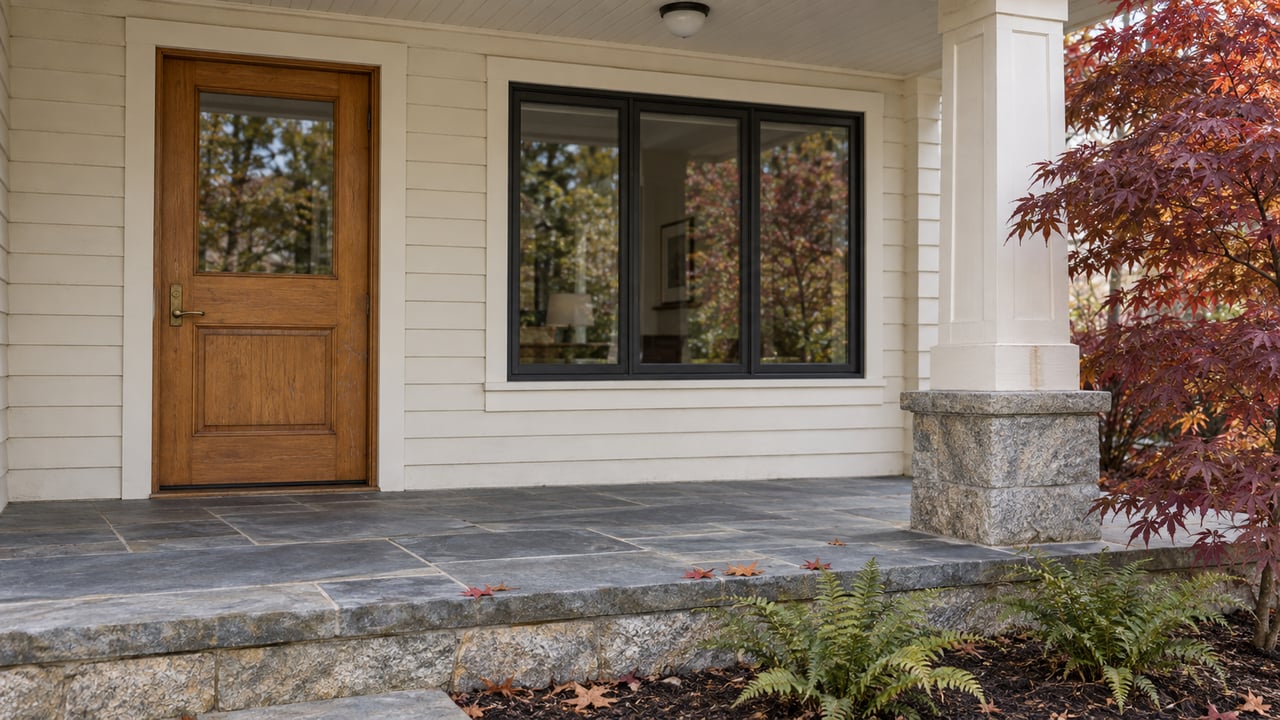 An oak front door and black-framed window beneath an ivory porch, with weathered bluestone and copper-colored maple leaves.