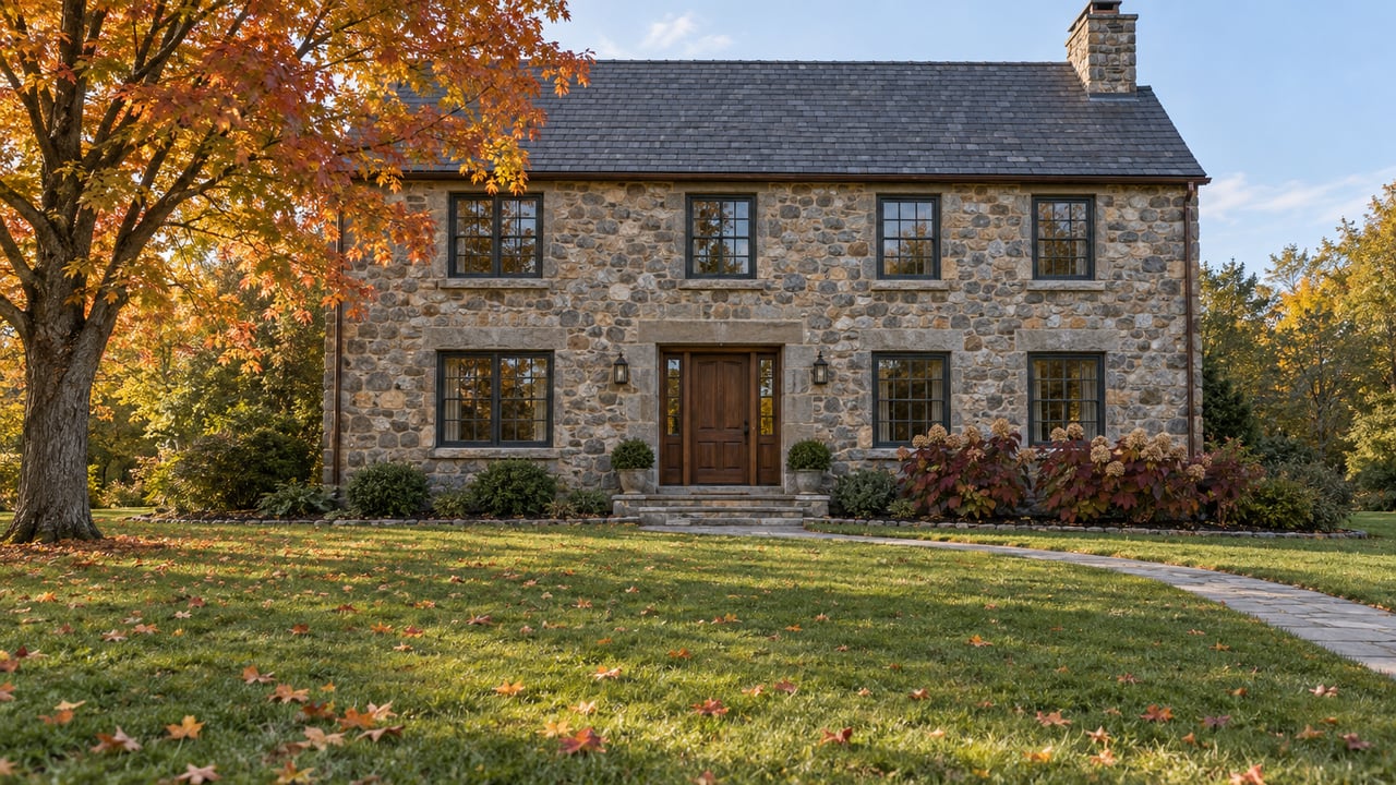 Stone home beyond a broad autumn lawn, with an amber sugar maple, slate roof and curving flagstone approach.