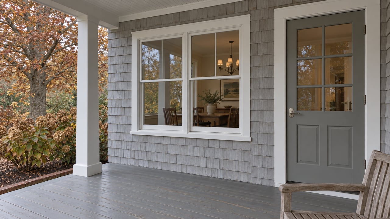 Gray shingle house porch with white trim, a glazed entry door, teak chair, and autumn oak foliage.