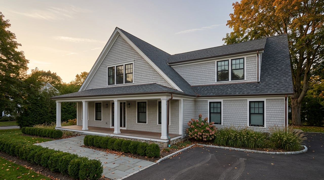 Two-story gray shingle home with white porch columns, bluestone walkway, clipped hedge, and early autumn leaves.