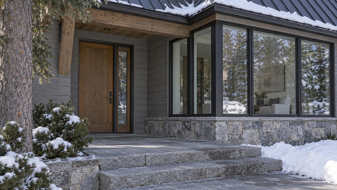 Snow-lined stone steps lead to a recessed timber entrance beside black-framed glazing, gray siding and a granite plinth.