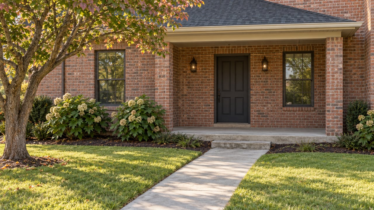 Brick family house with a recessed porch, flanking windows, concrete walkway, lawn, and redbud tree.