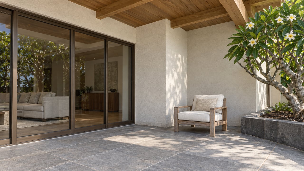 Outdoor patio with tiled floor, wood ceiling, sliding glass doors, and flowering plumeria tree.
