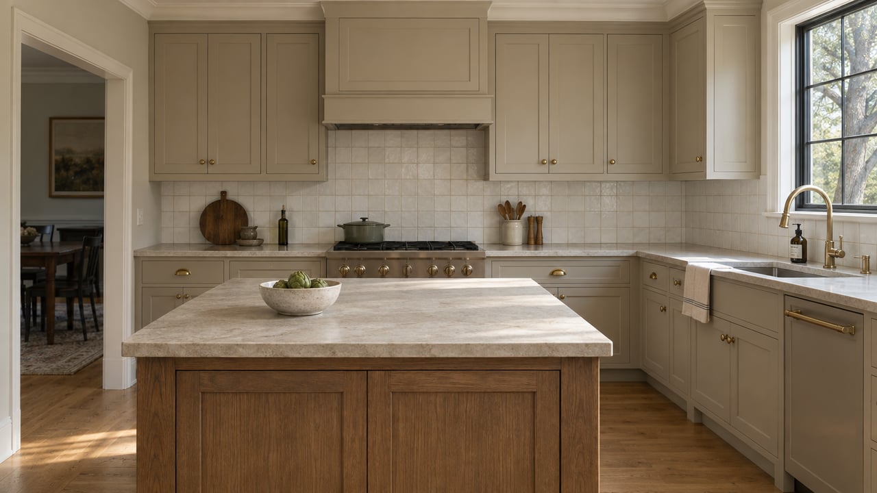 Greige Shaker cabinets line a kitchen with white tile, a compact oak island, and a window framing a mature tree.