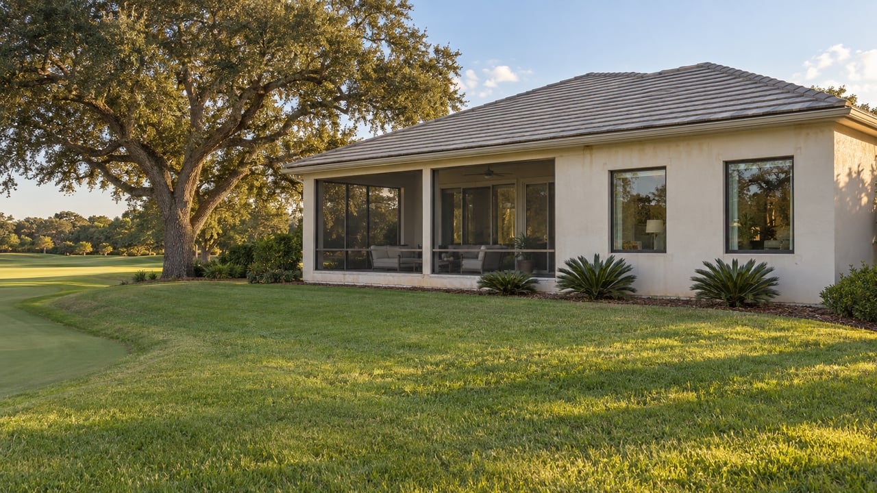 Stucco house with a screened porch overlooking a private lawn and a distant golf fairway beneath a broad live oak.