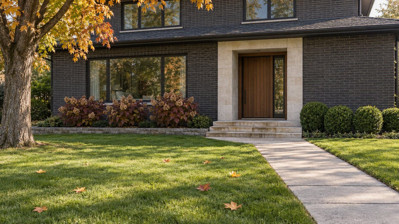 Morning sunlight on a charcoal-brick home with limestone entry steps, a deep lawn and autumn maple foliage.