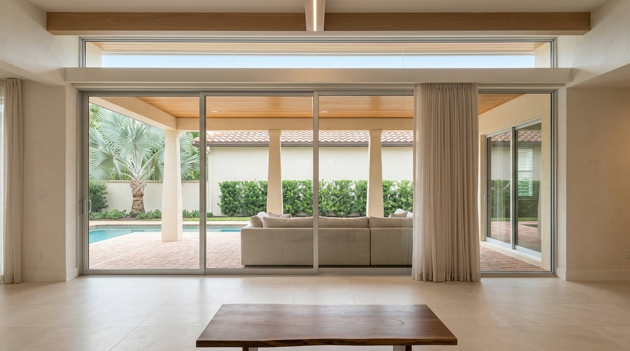 Great room with oatmeal sofa, glass doors, terracotta lanai, pool edge, and a palm beyond.