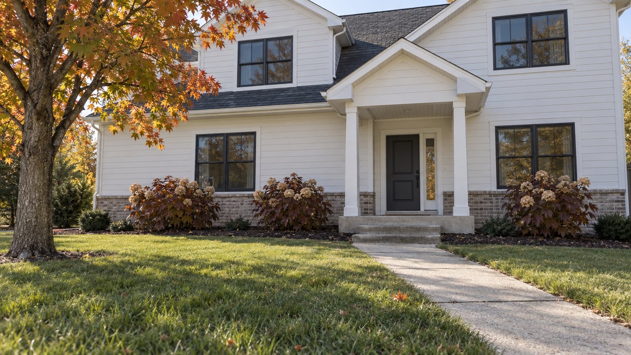 White two-story house with a covered entry, brick lower facade, and autumn foliage.