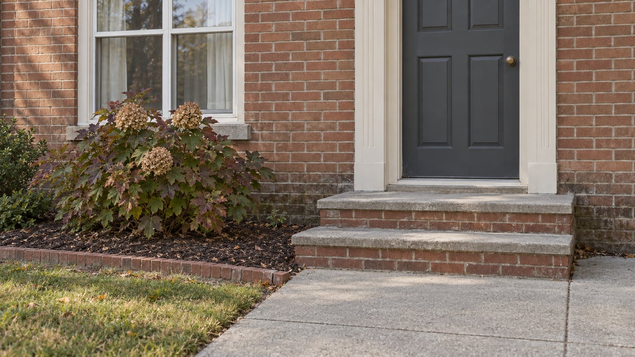 Brick townhouse entrance with a charcoal door, ivory-framed window, two-step stoop and autumn oakleaf hydrangea.