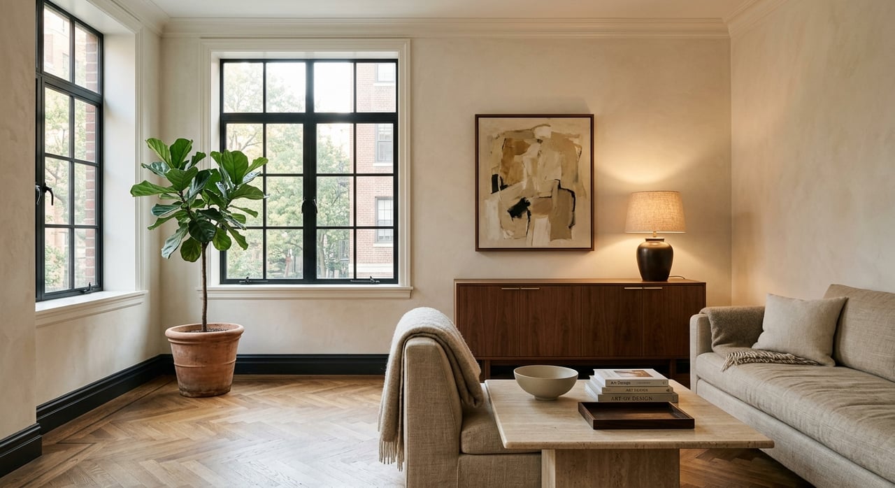 Walnut sideboard beneath abstract artwork, with a brass lamp, potted ficus, and gray sofa in an apartment living room.