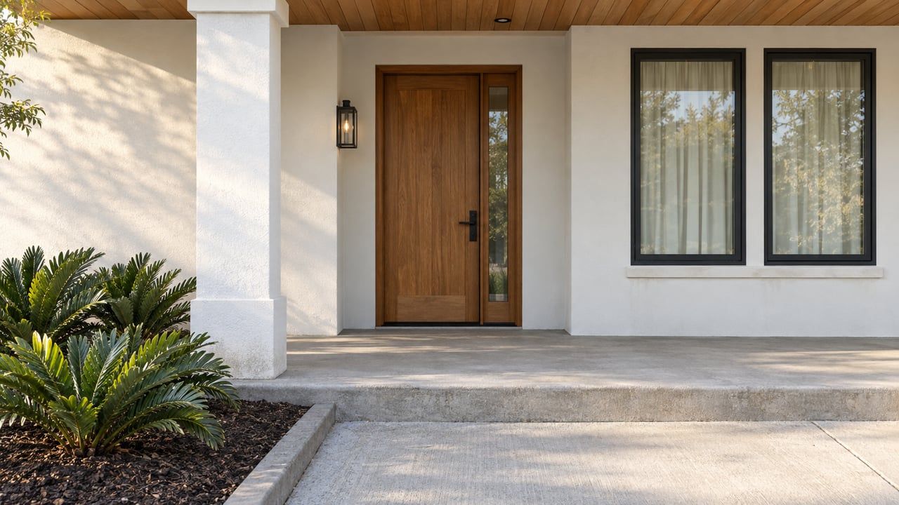 White stucco covered entry with a wood door, paired dark-framed windows, pale concrete steps and three coontie plants.