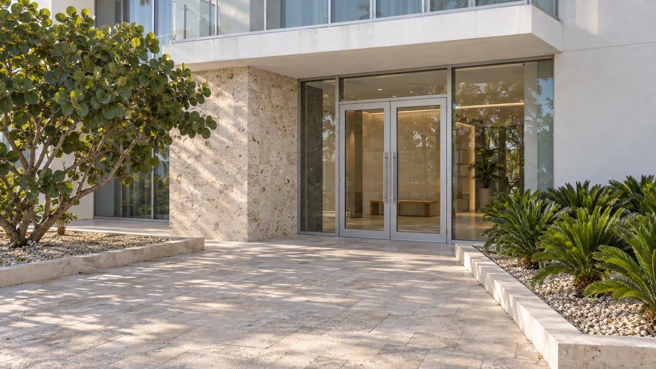 Sunlit limestone approach to a white-stucco residence with glass entrance doors, shellstone detailing and sculptural sea-grape planting.