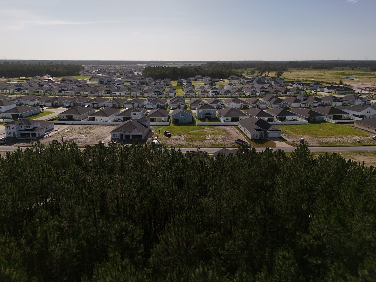 Aerial view of Silver Falls homes beyond a dense tree line, with open fields in the distance.