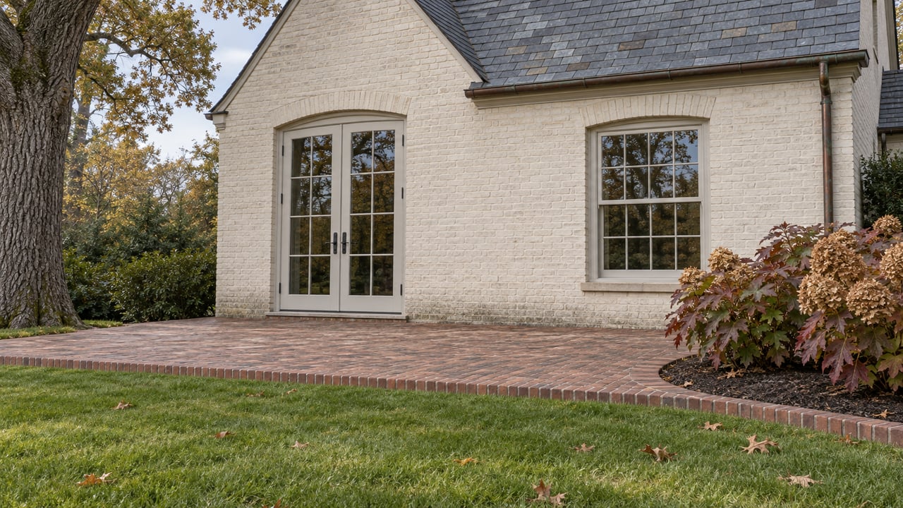 Light-painted brick gabled home with closed French doors, a weathered brick terrace, broad lawn and oakleaf hydrangeas in autumn.