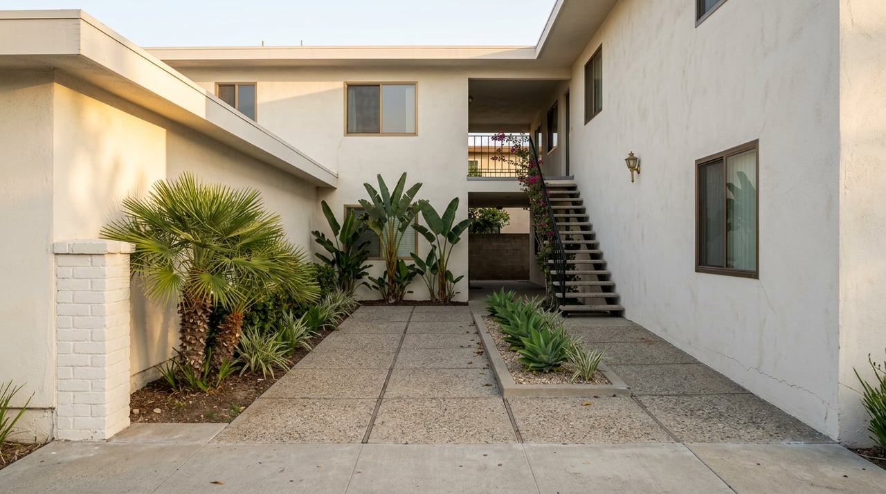 Planted apartment courtyard with agaves, fan palm, stucco facade, open breezeway, and exterior stair.