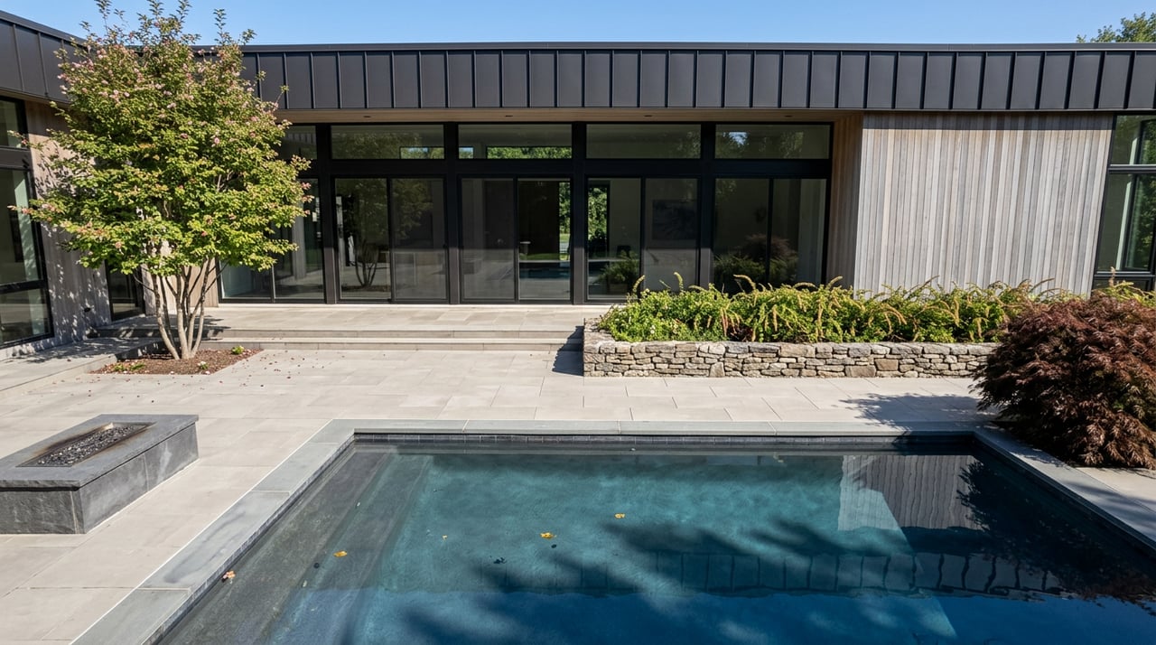 Overhead view of dark pool terrace, stone fire feature, planted retaining wall, and glass facade.