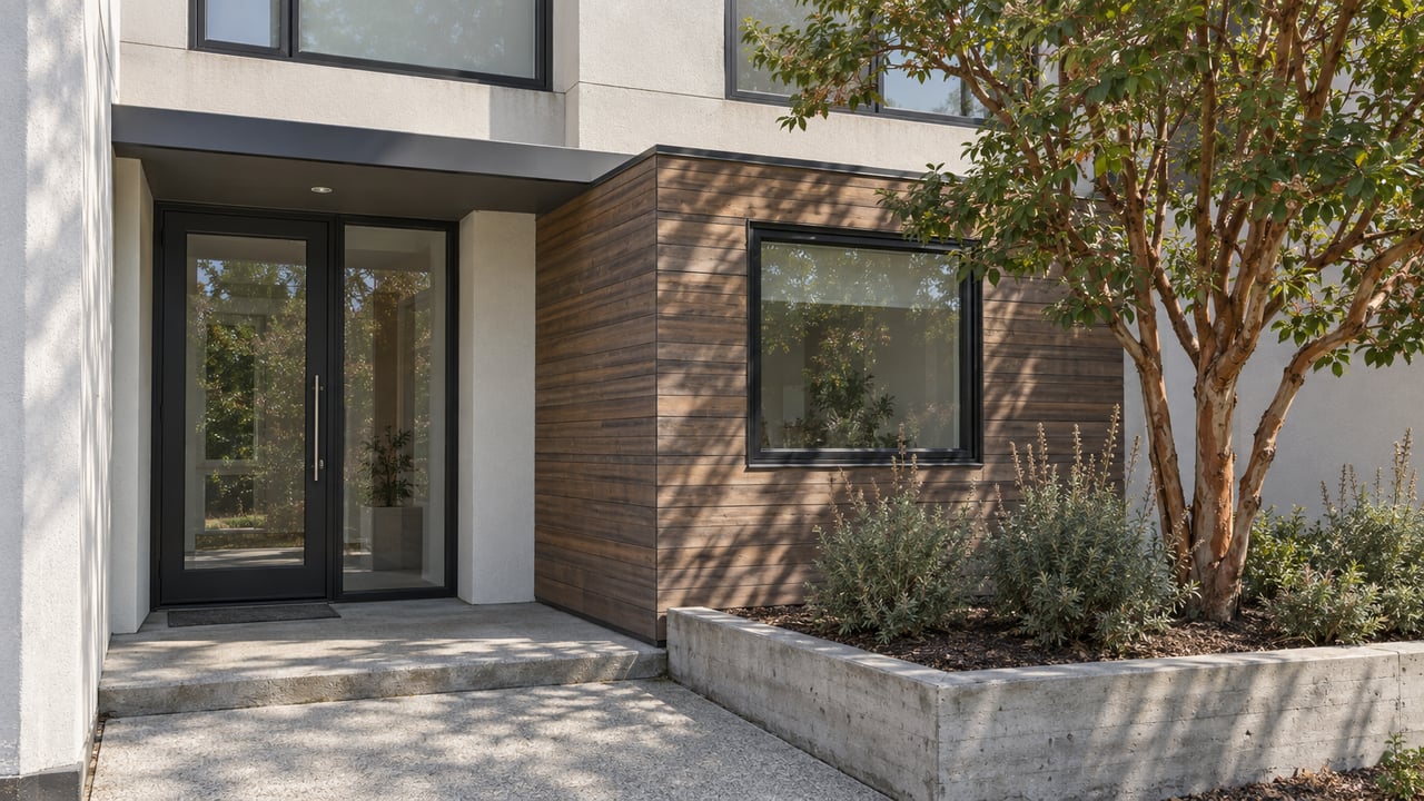 Modern attached-home entry with warm wood cladding, dark-framed windows and a small concrete-bordered planting court.
