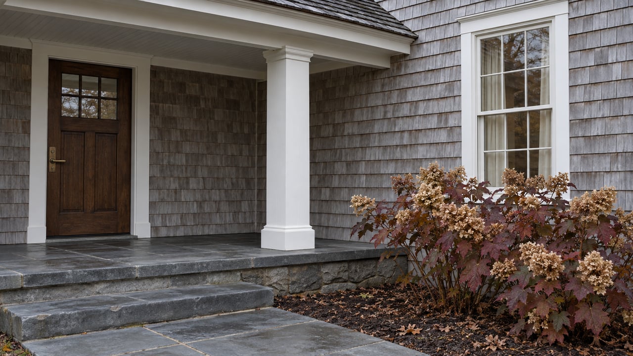 Silver-gray cedar shingles, white porch joinery and bluestone steps beside an oakleaf hydrangea with burgundy autumn leaves.