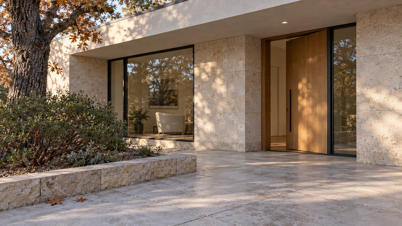 Pale stone and stucco home with a recessed wood entry, black-framed glazing, and an oak beside a raised planting bed.
