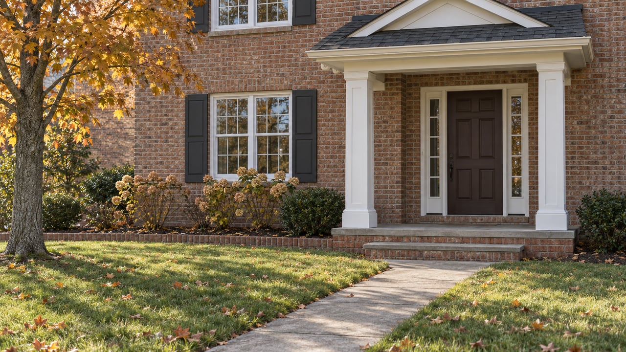 Brick home with a white-columned entry porch, broad autumn lawn, amber maple leaves and a concrete front walk.