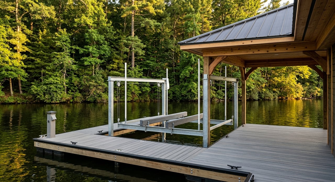 Covered dock slip with boat-lift rails, gray decking, and calm water beneath a tree canopy.