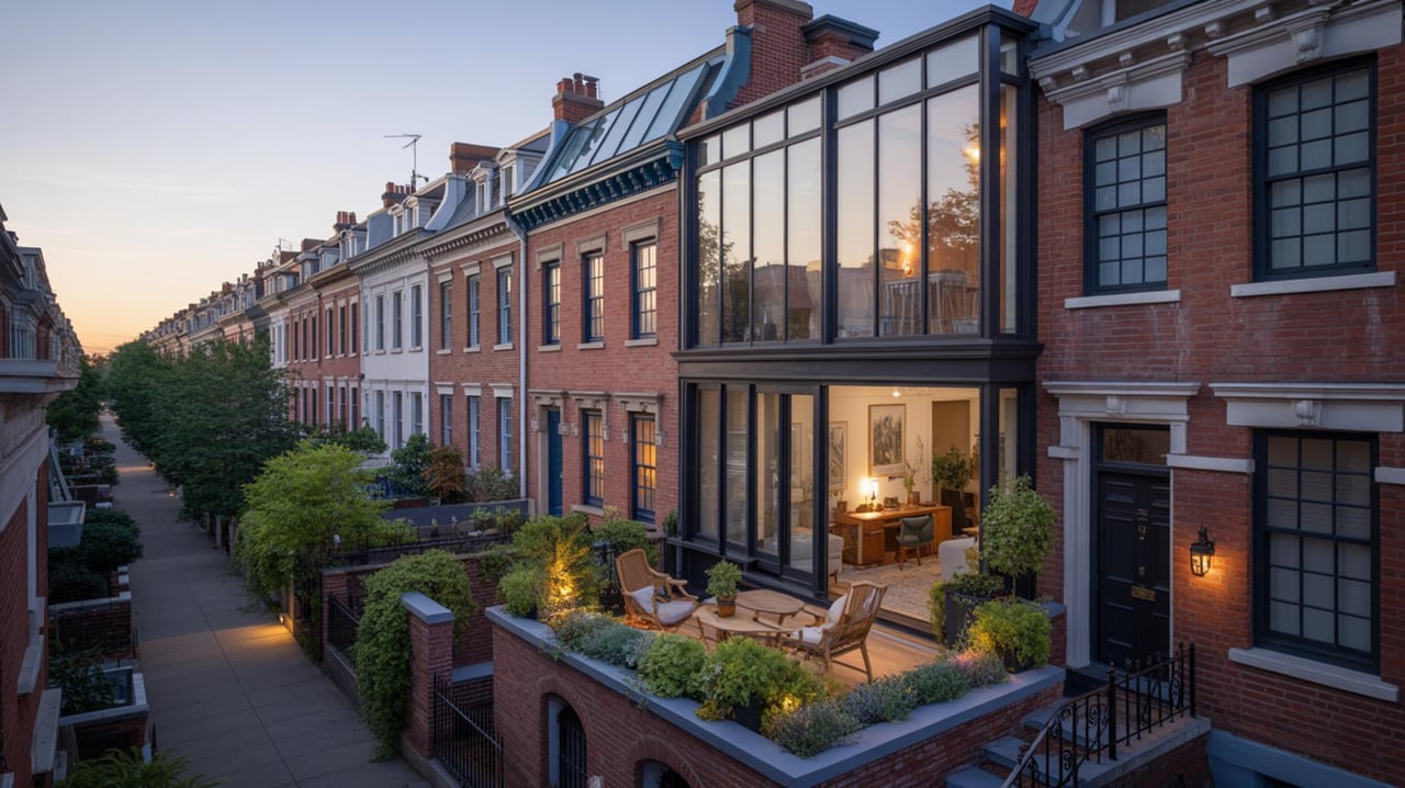 Brick rowhouses line a tree-shaded street; one has a glass-fronted extension and an illuminated rooftop terrace.