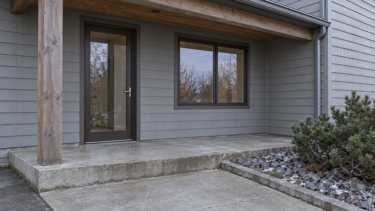 Close view of an attached home's covered entry with gray lap siding, timber porch support, bronze-framed glazing, and a concrete walk beside a low pine.