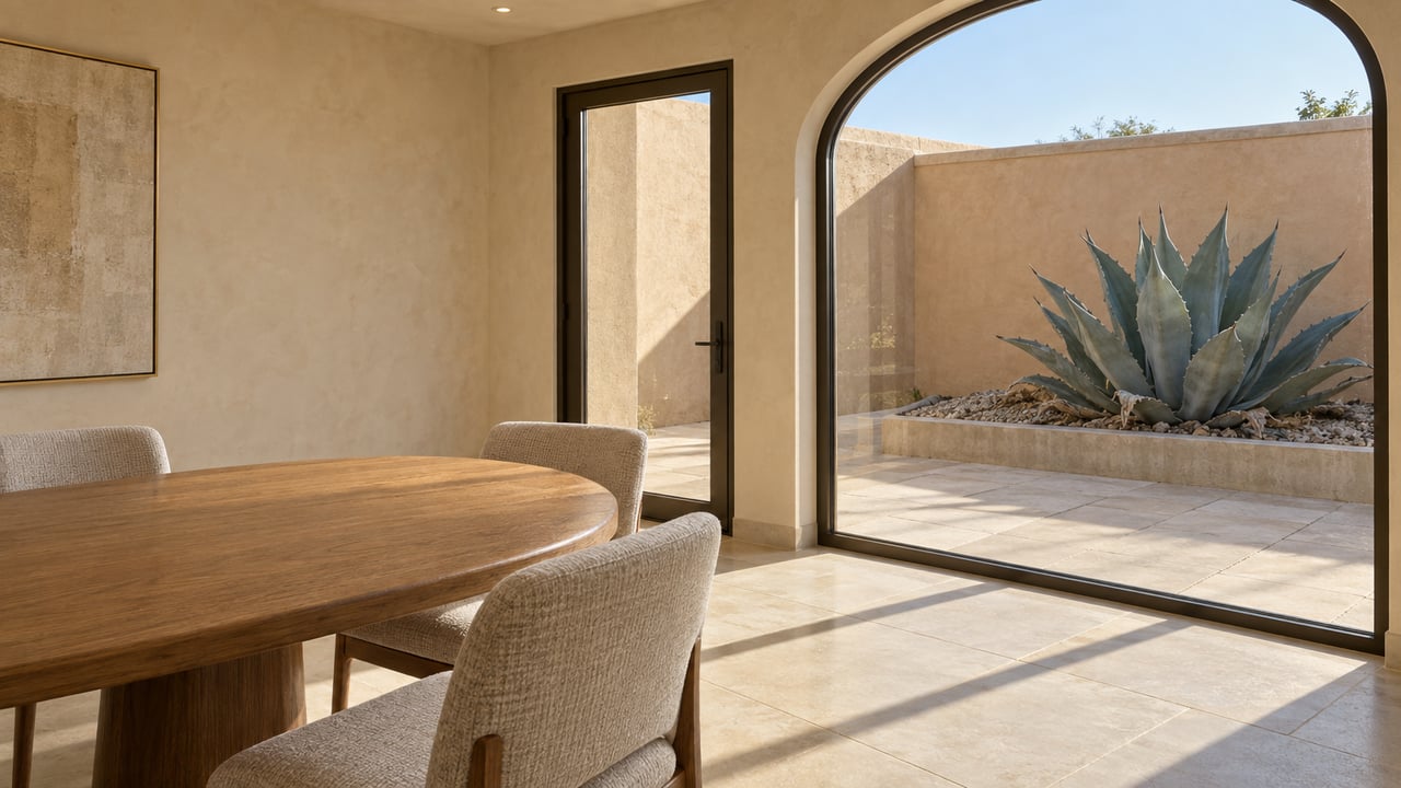 Warm plaster dining room with an oak table, bronze-framed arched courtyard window, and a sculptural blue-gray agave outside.