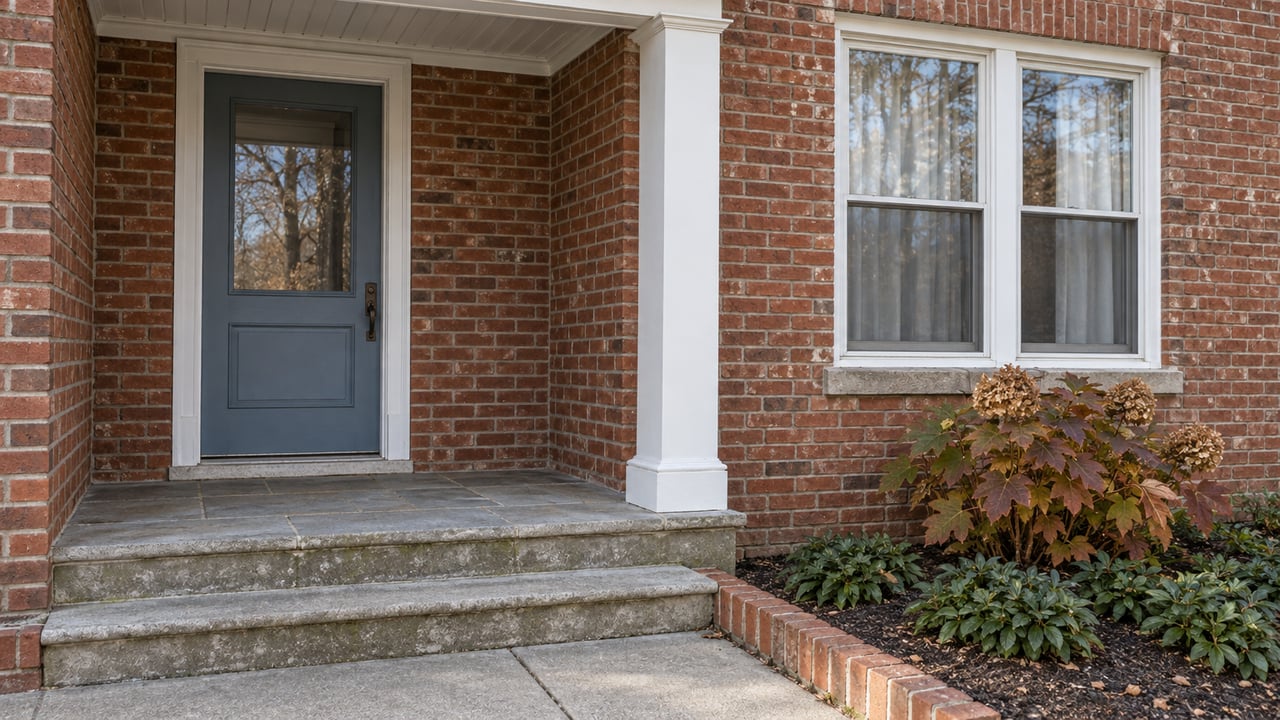 Brick home entrance with a blue-gray door, white porch trim, worn limestone steps and russet oakleaf hydrangea.