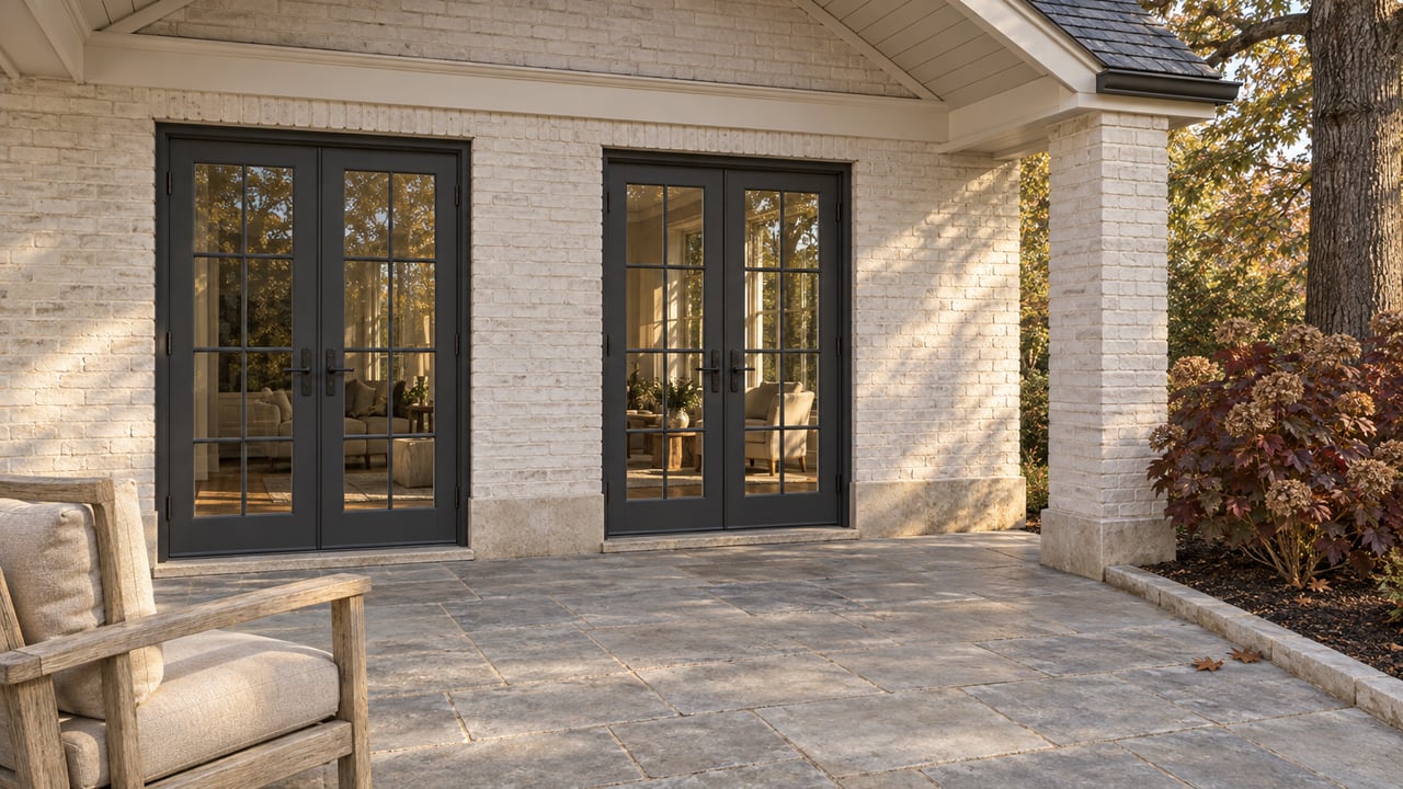 Warm-white brick home with closed charcoal French doors, limestone terrace, an oak chair and autumn oakleaf hydrangeas.